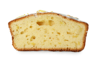 Piece of tasty lemon cake with glaze isolated on white