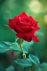 Red rose blooming in a green garden,symbolizing love and romance in nature's beauty,close-up.Ros&eacute; Day Concept.