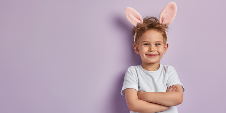 Funny happy child wearing bunny headband on light purple background. Copy space.