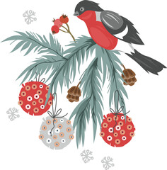 Christmas decorative element with spruce branch and bullfinch bird in winter. Vintage Christmas and New Year decor for holiday cards and invitations design.