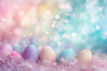 Fototapeta na wymiar Easter eggs colored in pastel colors to celebrate Easter. Painted eggs postcard.