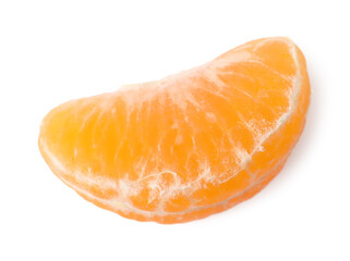 Piece of peeled fresh ripe tangerine isolated on white, top view
