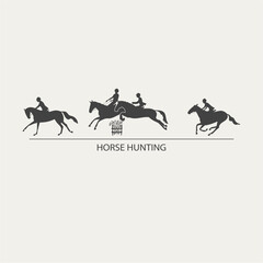 Abstract emblem of horse hunting, riders riding horses and overcoming obstacles