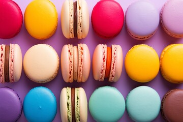 Obraz premium Colorful assortment of macarons for indulgent sweetness top down view illustration