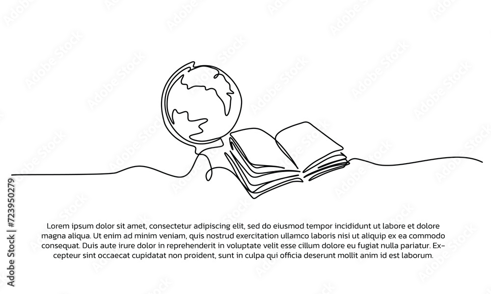 Poster continuous line design of books and the world. single line decorative element drawn on white backgro