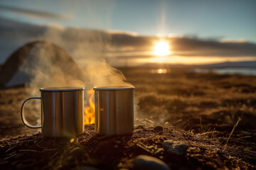 Two metal enamel cups of hot steaming tea by an outdoor campfire. Drinking warm beverage by a bonfire. Scenic Icelandic nature. - obrazy, fototapety, plakaty
