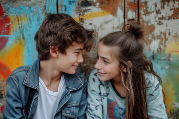 Young teen couple on their first date. Teenage boy and teenage girl celebrating Valentine's Day. Boyfriend and girlfriend spending time together outdoors. First love concept.