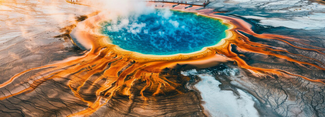 The Grand Prismatic Spring in Wyoming, US, mesmerizes with its vibrant colors, where the steamy pool reflects a stunning volcanic masterpiece within a national treasure