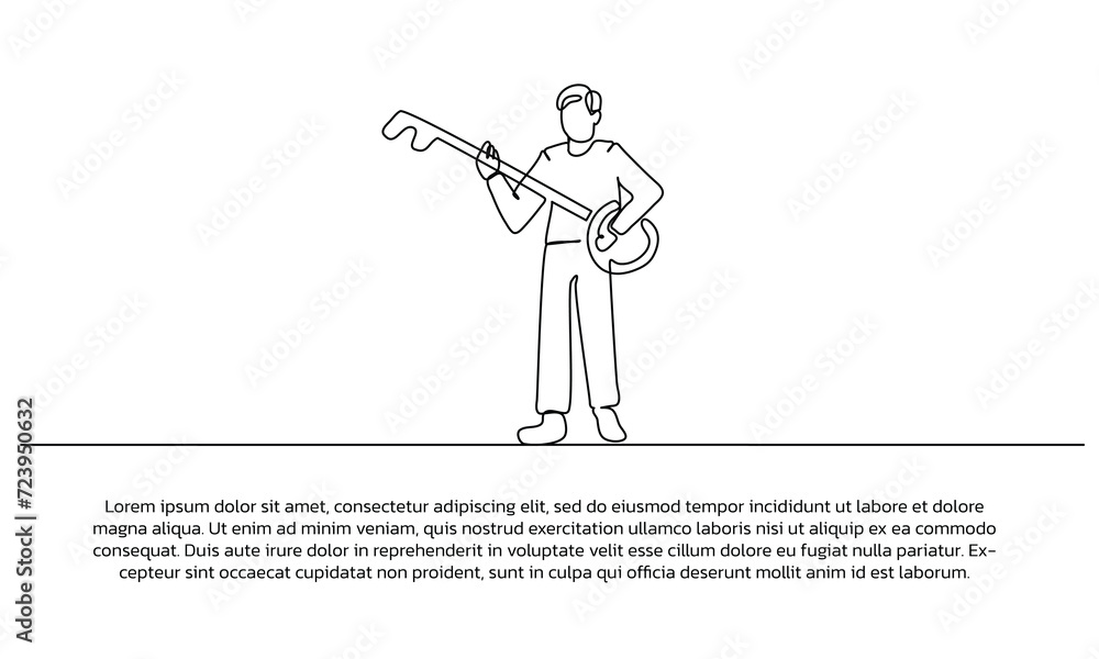 Poster continuous line design man holding key. single line decorative element drawn on white background.