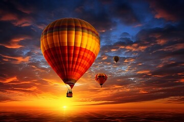 Silhouette of a hot air balloon illuminated on sunset, ascending above the horizon
