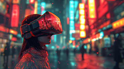 Obraz premium Portrait of amazed young woman in a VR headset explores the metaverse's virtual space. Gaming and futuristic entertainment concept, Man uses metaverse technology in an industrial setting. Neon