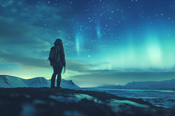 Fototapeta premium Silhouette of a hiker admiring the view of aurora borealis in beautiful Icelandic nature. Sky with stars and green polar lights. Northern lights.