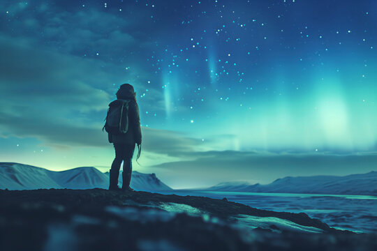 Silhouette of a hiker admiring the view of aurora borealis in beautiful Icelandic nature. Sky with stars and green polar lights. Northern lights.
