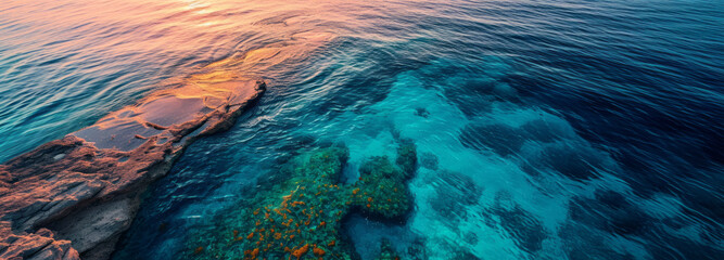 Fototapeta na wymiar Aerial photo of a tranquil scene of a clear blue ocean captured at sunset, showcasing the silky water surface, vibrant hues of the sky, and the gentle play of light on the waves