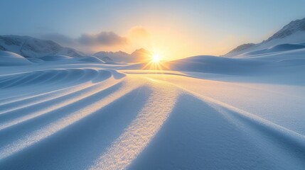 Stunning winter landscape of snow covered mountains at sunset