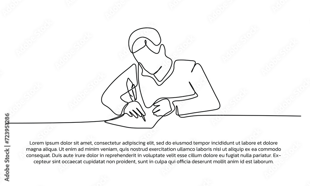Poster continuous line design of a man writing. single line decorative element drawn on white background.