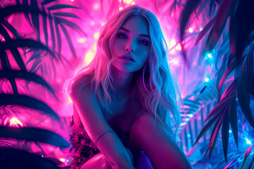 Attractive young woman in neon lights, with trees in the background