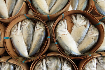 Mackerel fish in bamboo basket at market, Maeklong,Thailand