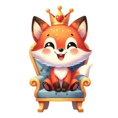 Watercolor cute fox sitting on a throne. Romantic animal. Valentine's element clipart.