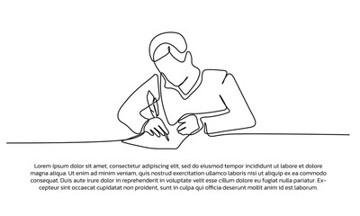 Continuous line design of a man writing. Single line decorative element drawn on white background.