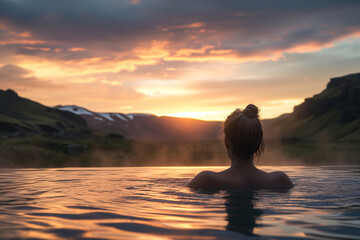 Young woman enjoying spa in hot springs in Iceland. Beautiful girl having fun in thermal bath on a backdrop of scenic Icelandic nature. - obrazy, fototapety, plakaty