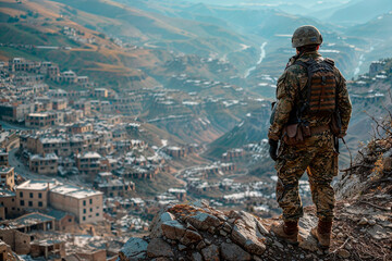 A soldier in camouflage fatigues stands on a rocky outcrop overlooking a vast cityscape of destroyed houses.