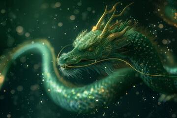 green Chinese dragon covered with grunge texture gold and green scales flying in the sparkle night sky. Chinese New year 2024 symbol of the year