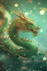 green Chinese dragon covered with grunge texture gold and green scales flying in the sparkle night sky. Chinese New year 2024 symbol of the year