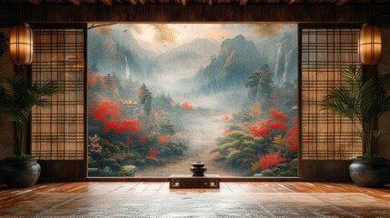 A vintage Japanese room background, featuring a traditional high-class Japanese-style room with walls adorned in gold-backed paintings