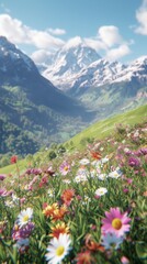 Obraz premium Colorful flowers blooming in a lush green field with snow-capped mountains in the distance