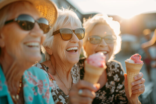 Group of cheerful elderly female friends eating ice cream outdoors on sunny summer day. Senior ladies sharing a dessert in outdoor cafe.