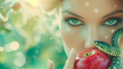 portrait of beautiful woman holds a red apple and big green snake around her . Blurred Background of heaven garden . Biblical Eve concept