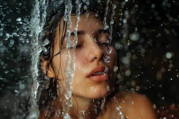 Fototapeta premium La mujer joven está tomando una ducha