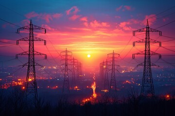 Shadowplay High-voltage electric tower against the backdrop of the sunset. - obrazy, fototapety, plakaty