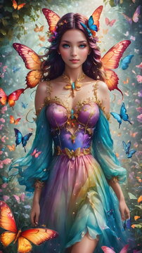 A digital painting of colorful butterflies and playful little fairies swirling and dancing