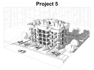 Vector architectural project of a multistory building, aerial view