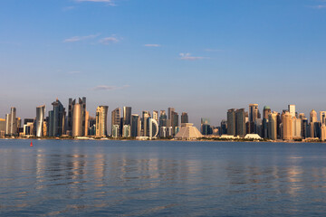 Fototapeta premium aerial landscape, arab, arabia, arabian, arabic, architecture, architecture in qatar, background, blue, building, buildings, business, city, cityscape, cityscape background, construction, corniche, de