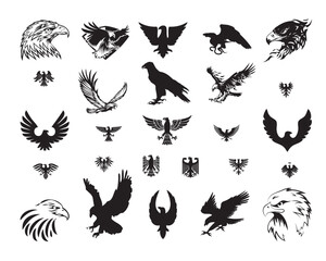 This is a vector eagle with various shapes and styles. Very suitable for use as a logo, background and additional element on a poster. Made in black, of course the color can be changed.