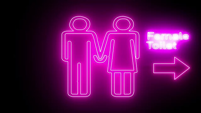 Purple neon outline female toilet or restroom sign on a black background. Female sign. Sign women's toilet. Man and women toilet signs in neon lights animation