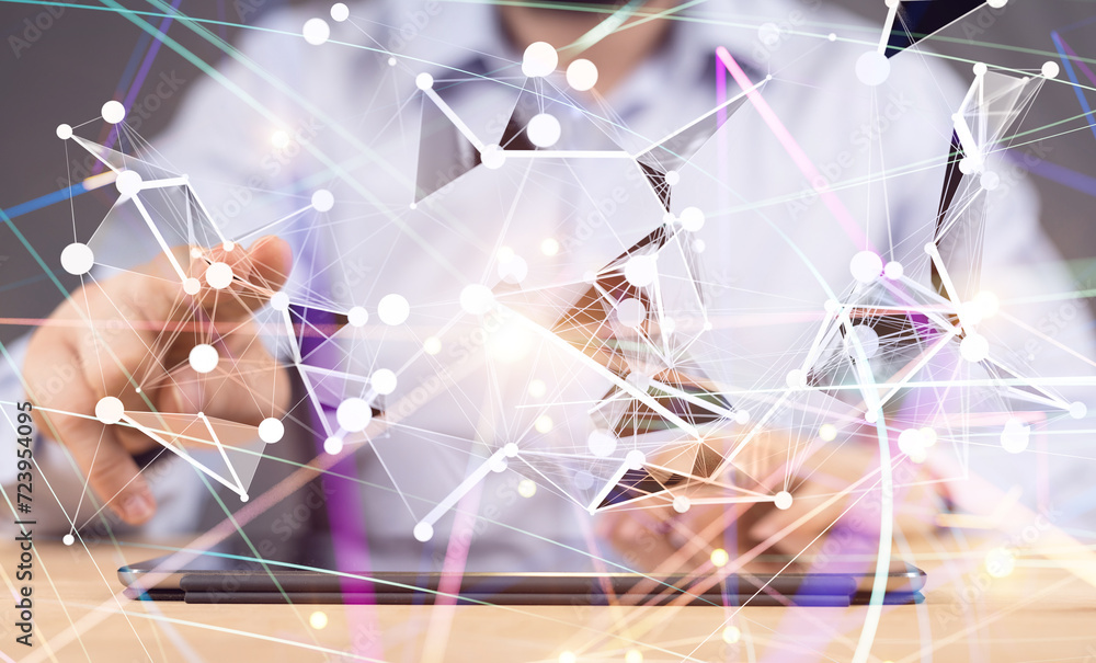 Aufkleber Global network. Blockchain. 3D illustration. Neural networks and artificial intelligence. Abstract