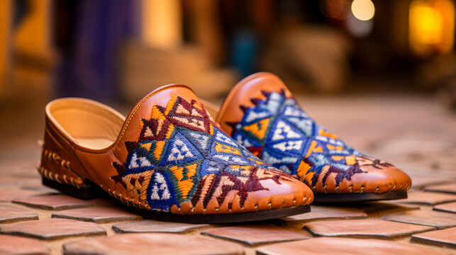 Closeup of a traditional homemade Moroccan babouche slippers