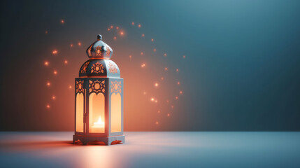 Illuminated traditional fanous lantern on a serene background