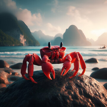 Crab on rock along the beachm seashore design concept 