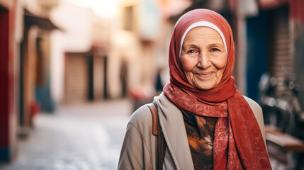 Portrait of a happy old Muslim woman wearing traditional attire