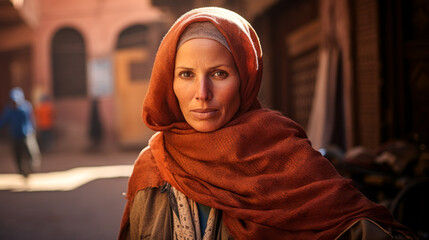 Portrait of a muslim woman in traditional attire posing in Morocco