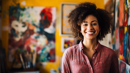 African American artist woman in studio in colorful artwork backdrop - obrazy, fototapety, plakaty