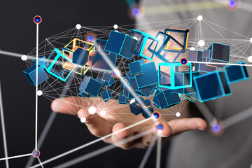 network holding in hand 3d connection data