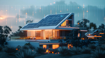 Fototapeta na wymiar 3D modern house with sun panels energy on the roof Innovation sustainable green building Ecofriendly creative idea concept design ai generate