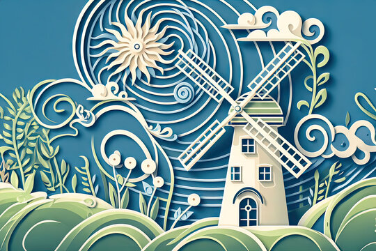 Intricate, folded, windmill, design., Elaborate, image, cut, out, paper, blue background