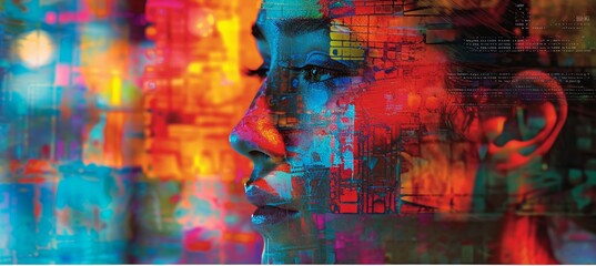 Neon Glitch: A Digital Patchwork Portrait of Beauty - Unveiling the Radiance of a Mesmerizing Girl through the Artistic Tapestry of Cybernetic Aesthetics